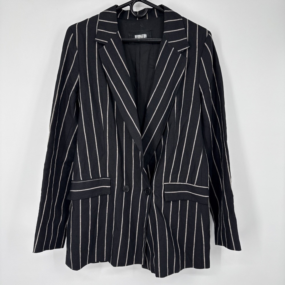 Reformation Verona Pinstripe Linen Blazer Black Quiet Luxury Oversized Small